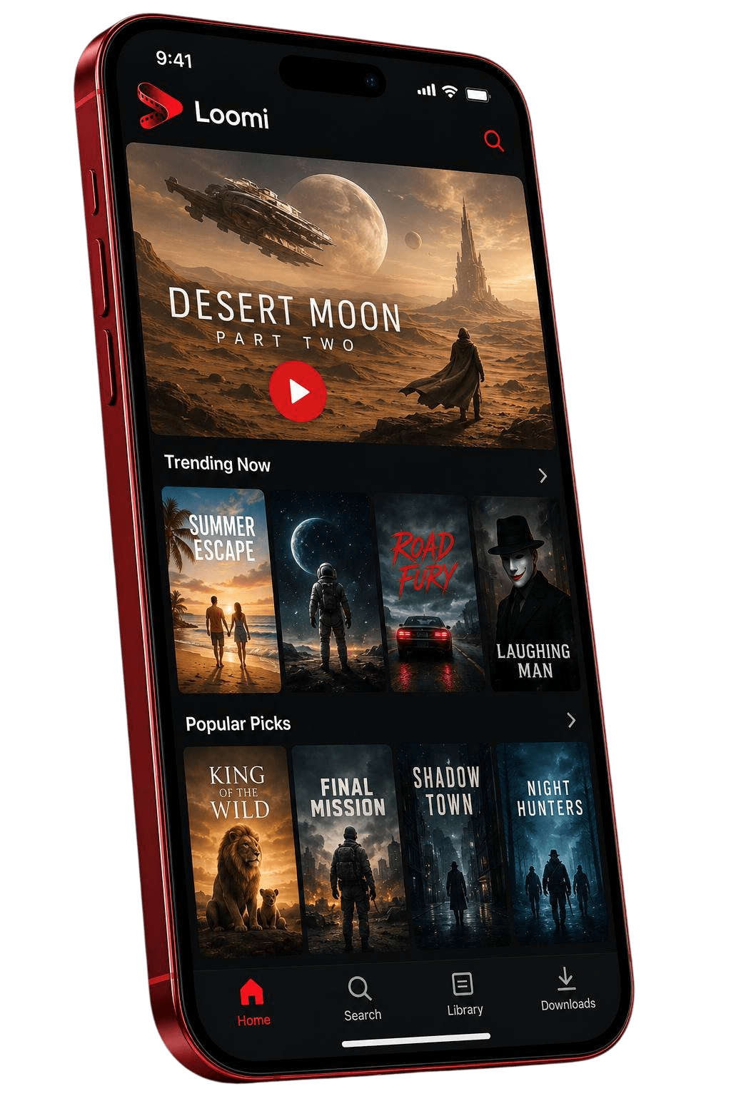 Interfaccia dell'app Loomi con il catalogo di film e serie